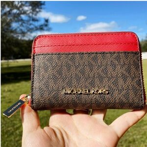 Michael Kors Jet Set Travel Zip Around Card Case Wallet Brown Mk Flame Red